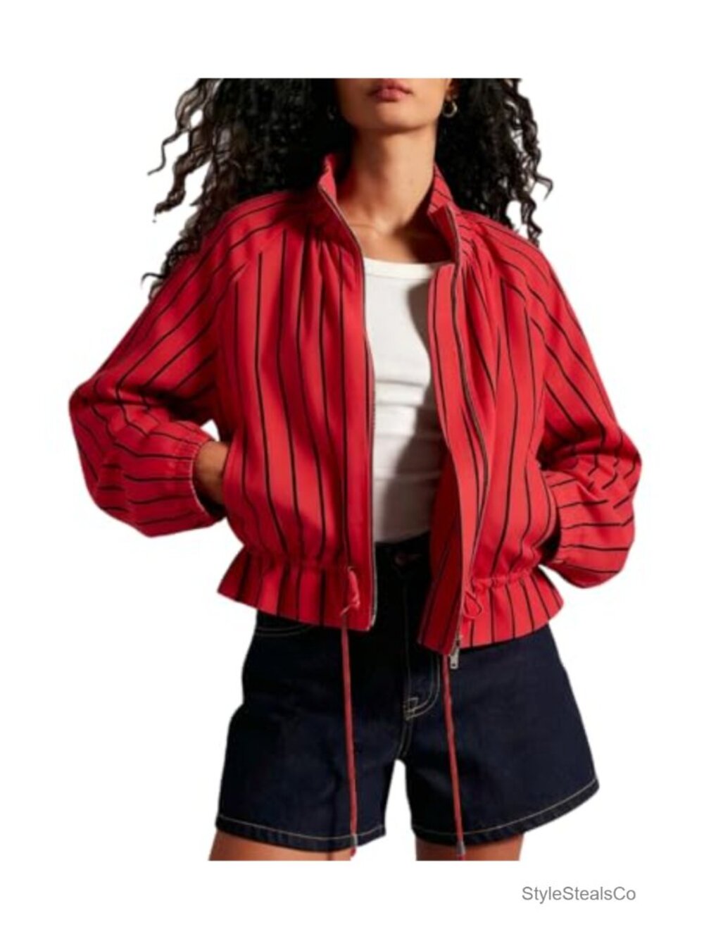 Women Striped Cropped Jacket Funnel Neck Zip Casual Lightweight Coat